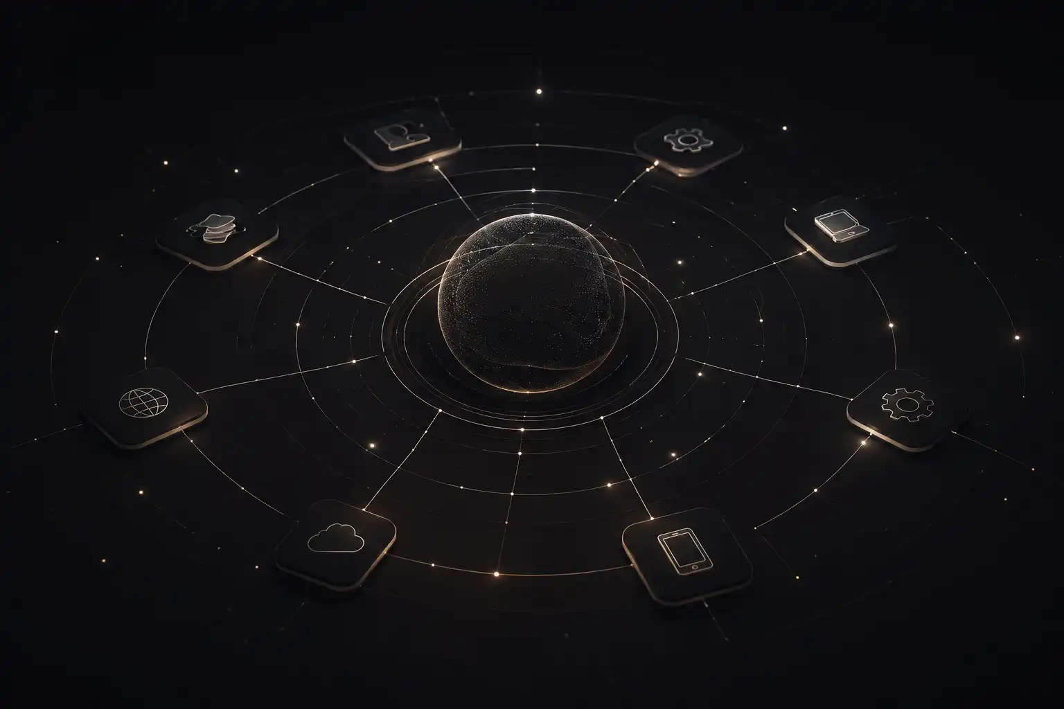 An aerial view of a city at night overlaid with a connected network of light