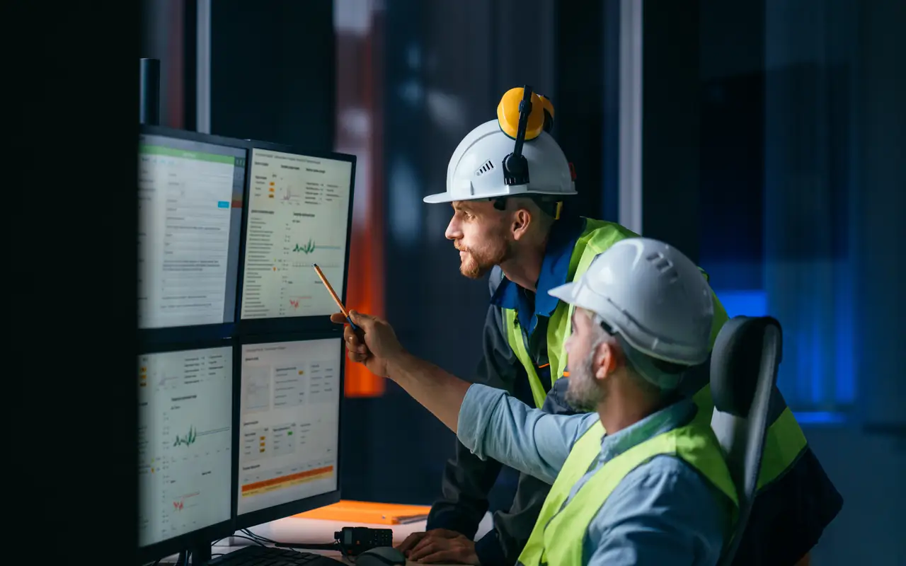 Two site engineers in hard hats reviewing project dashboards on monitors