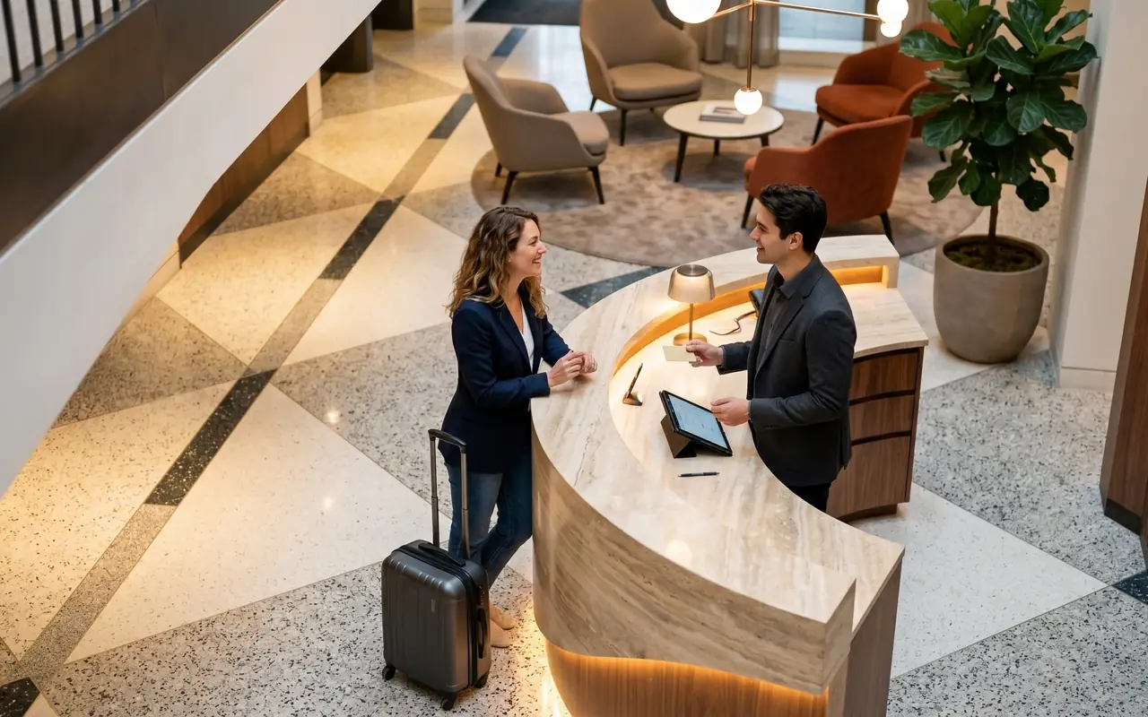 A guest checking in at a hotel reception desk and handing over a card