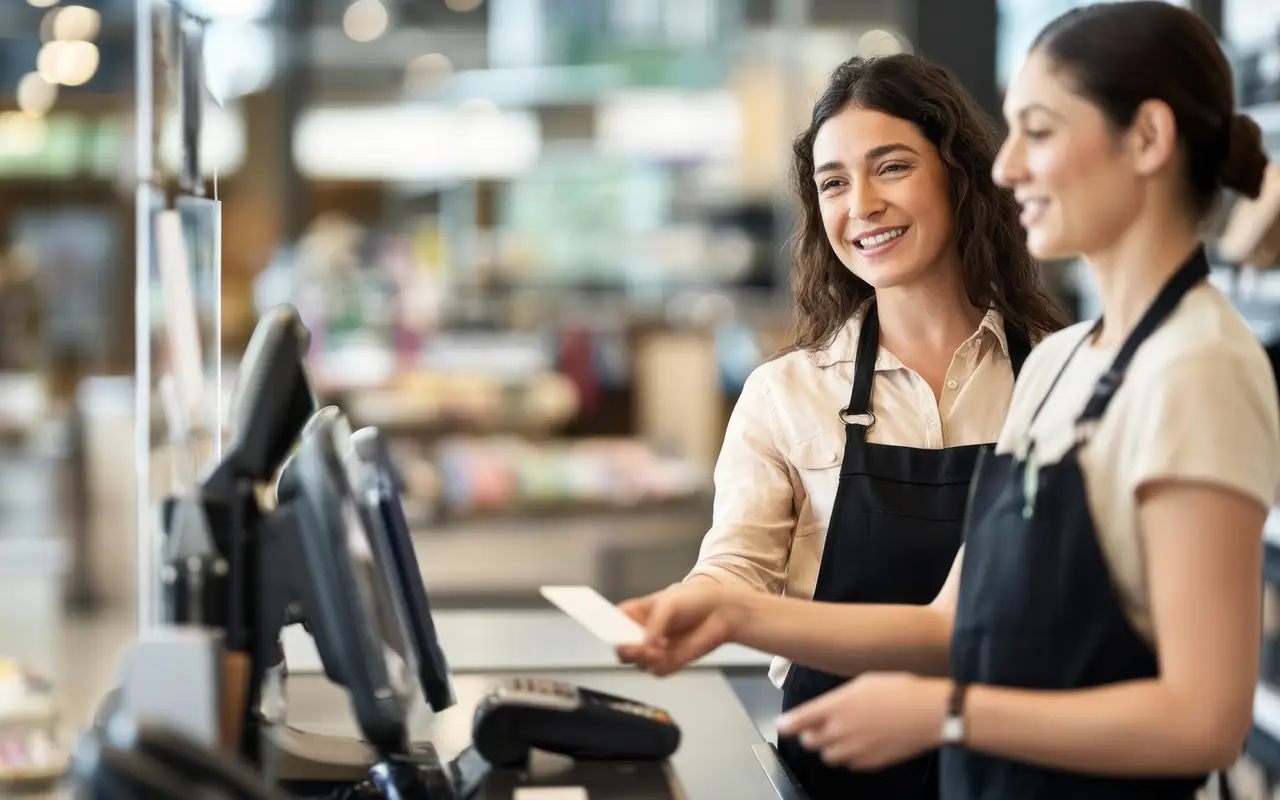 Two shop staff at a retail counter with a card terminal